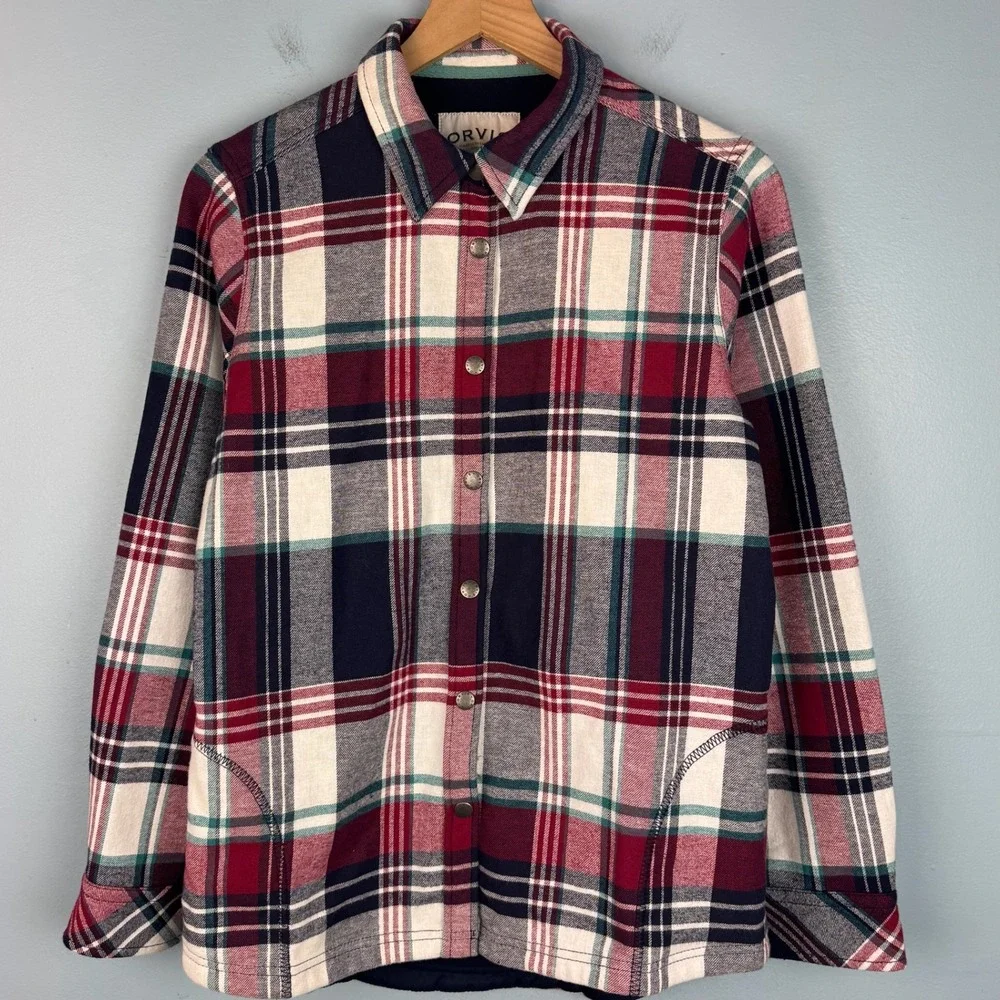 Orvis Pinnacle Fleece Lined Flannel Shacket Women Medium Plaid Snap Shirt Jacket